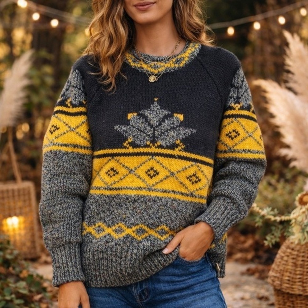 Susann‎ D Wool Blend Fair Isle Nordic Sweater Women's S Mustard Cottagecore Cozy